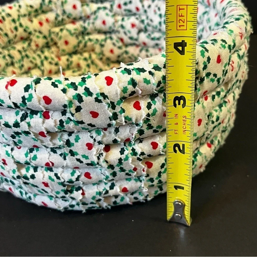 Handmade Coiled Fabric Rope Bowl Basket Christmas White Red Green Holiday Heart